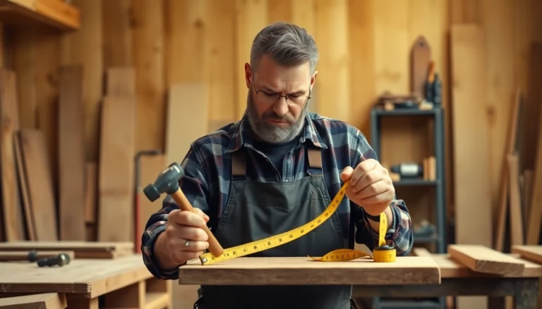 Professional carpenter measuring and assembling custom wood furniture in a workshop for precise craftsmanship.