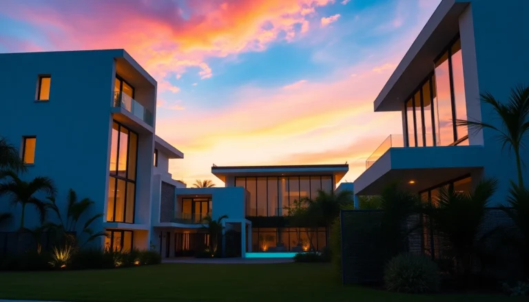 Visit https://789f.miami/ to view a contemporary Miami property exterior with lush landscaping and sunset glow, highlighting urban luxury.