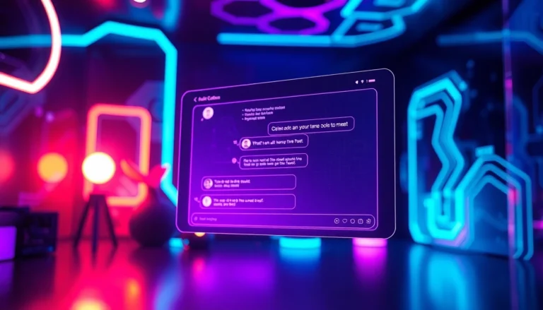 Futuristic AI chat interface with neon lights and holographic display in a dark, high-tech environment