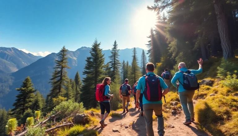 A guided trek through lush mountain scenery featuring hikers and a knowledgeable guide exploring natural landscapes with vibrant surroundings.