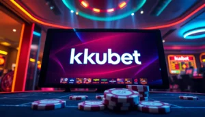 Kubet online casino platform with vibrant neon lights showcasing popular games and secure login, emphasizing trust and excitement for players.