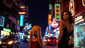 Glamorous Bangalore Call Girls walking in upscale urban nightlife, exuding confidence and elegance, representing high-class discreet escort services for discerning clients