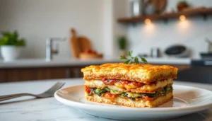 Close-up of a small size strata with layered bread, cheese, and herbs served on a stylish plate, showcasing appealing textures and presentation.