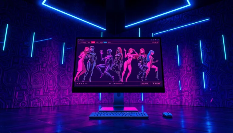 Futuristic AI interface with animated characters and neon lighting in a high-tech environment.