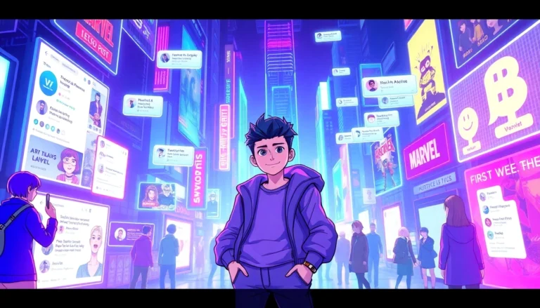 An animated avatar in a futuristic virtual city surrounded by social media holograms and fandom characters, glowing neon lights and digital interfaces.