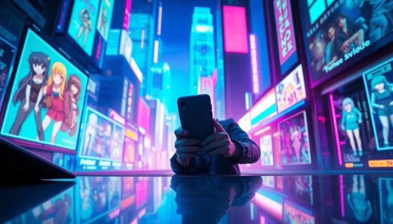 Futuristic digital scene of a person engaging with holographic social media characters in a neon-lit cityscape.