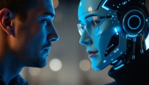 An image illustrating the human or not game, showing a person testing an AI chatbot in a conversation, highlighting discernment between human and artificial intelligence responses.