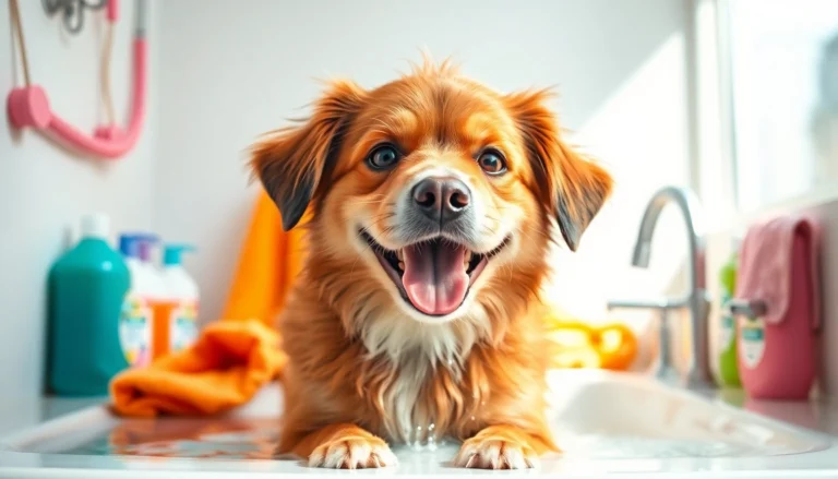 Dog wash near me with a happy dog being groomed in a bright pet wash environment.