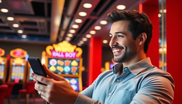 Men toto enthusiast enjoys an online slot game on his phone with big jackpots and vibrant graphics for excitement.