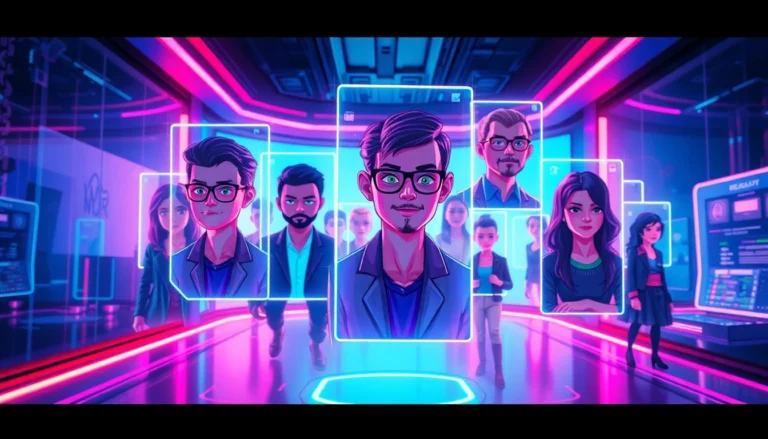 Futuristic digital environment with holographic AI characters in a vibrant, neon-lit scene