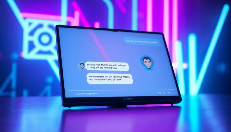 Futuristic AI chatbot interface on a neon-lit digital screen with engaging conversation bubbles