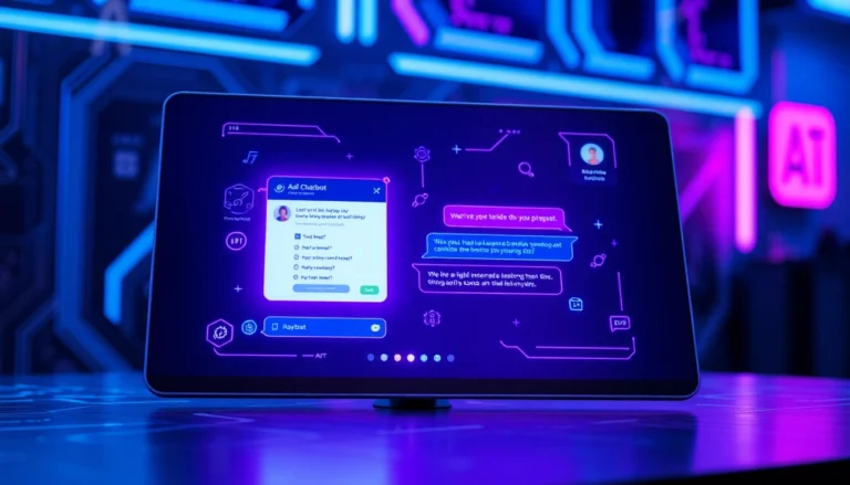 Futuristic AI chatbot interface with colorful conversation bubbles on a neon-lit digital screen.