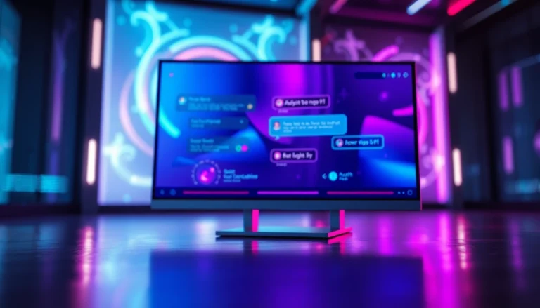Futuristic chatbot interface with vibrant neon colors on a sleek digital screen, in a high-tech environment.
