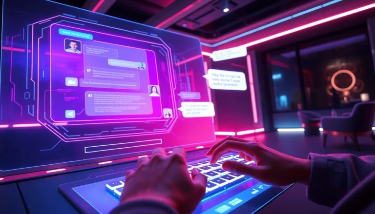 Futuristic digital chat environment with neon accents and holographic interface