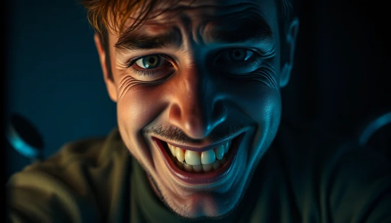 Close-up of Harvey showing distress and forced happiness in a dark, tense setting.