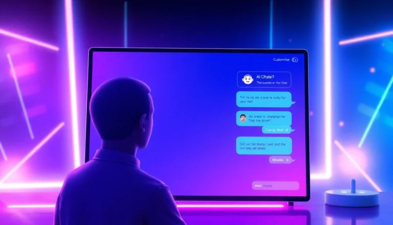 Futuristic digital illustration of a user engaging with an AI chat platform on a high-tech screen with neon accents.
