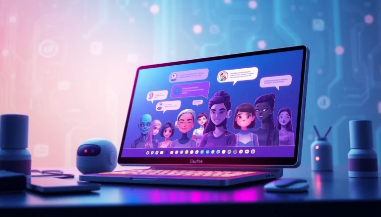 Illustration of AI chat interfaces on devices with animated characters and glowing conversation bubbles in a futuristic setting.