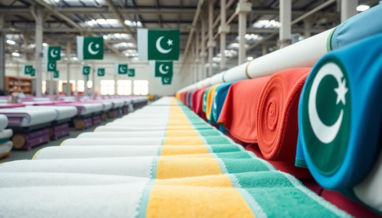 High-quality Pakistani towel exports are displayed in a textile factory, highlighting production excellence and global reach for users seeking towel export from Pakistan.