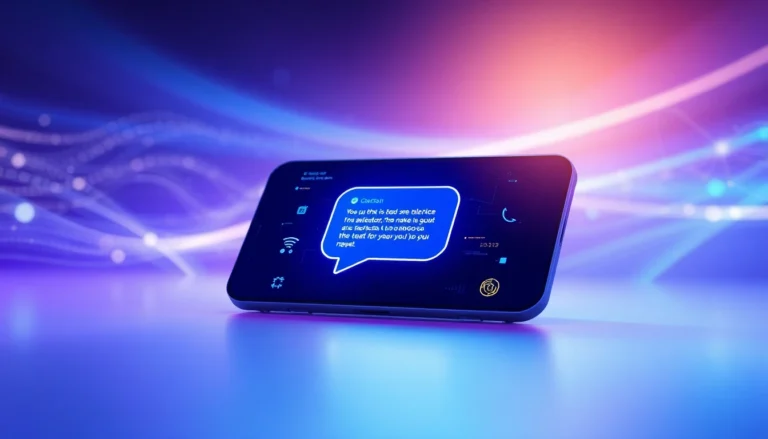 A futuristic chat interface on a digital device with glowing AI conversation bubbles and technological background elements.