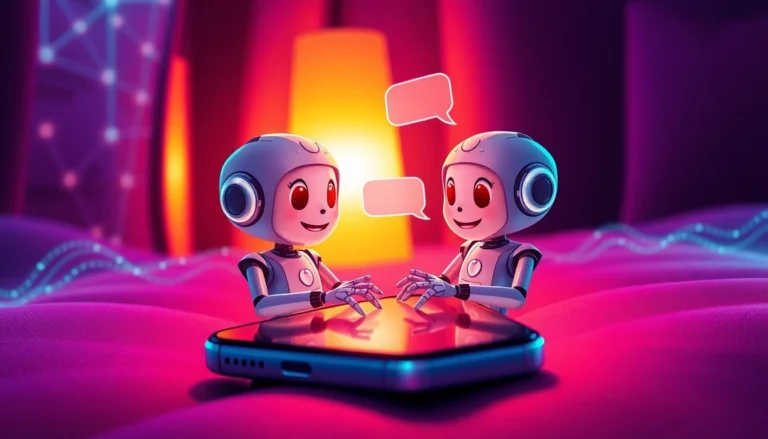 Digital illustration of two animated AI chatbot characters engaging in playful conversation on a smartphone screen in a cozy, dimly lit setting.