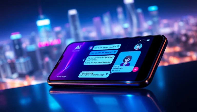 Close-up of a smartphone displaying a vibrant, futuristic chat interface with customizable AI characters in a neon-lit cityscape background.