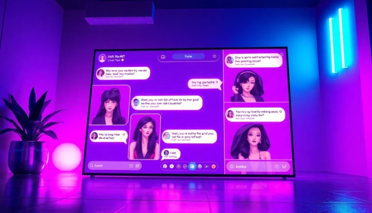 Futuristic chat interface with alluring AI characters in a neon-lit room, emphasizing a seductive and high-tech atmosphere.