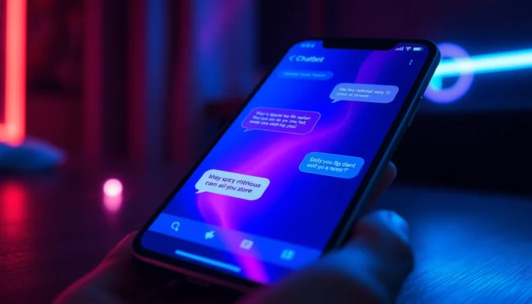 Futuristic smartphone displaying a sleek chat interface with neon accents, evoking a spicy, intimate AI conversation scene.