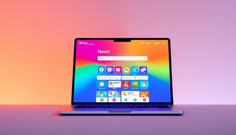 Naver's homepage displayed on a laptop with colorful icons representing search and online services, illustrating digital connectivity and Korean tech innovation.