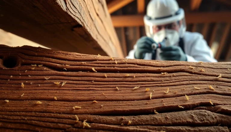 Close-up van hout met houtwormgaten en houtpoeder