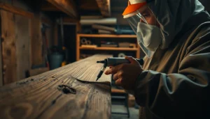 Technician performing woodworm treatment on a wooden beam in a basement