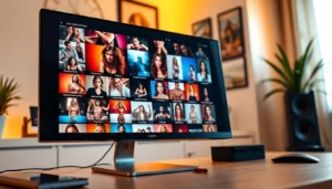 Computer screen displaying a colorful adult video website interface with thumbnails and categories.