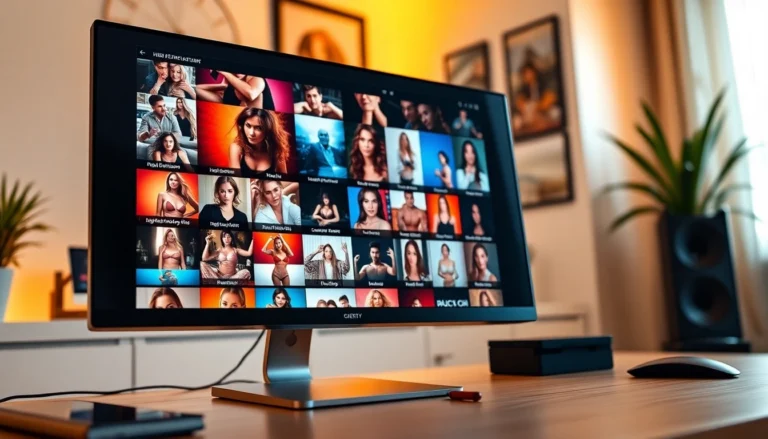 Computer screen displaying a colorful adult video website interface with thumbnails and categories.