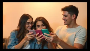 Young adults discussing plans culs via smartphone for casual intimate encounters and hookups