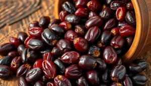 Malayar Raisins shown in a rustic setting, emphasizing their glossy texture and rich color for