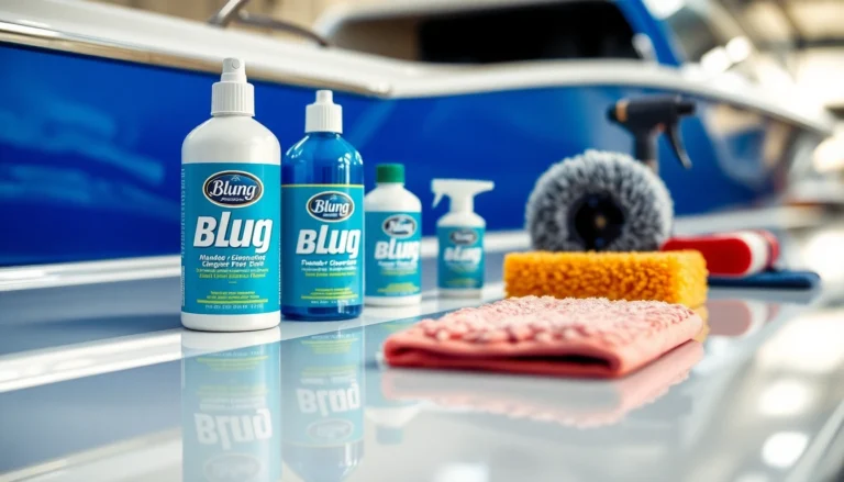 High-quality Blung boat cleaning products being used on a shiny vessel with tools and water