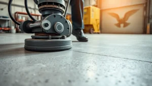 Expert concrete grinding Birmingham services showing a worker polishing a concrete floor for a